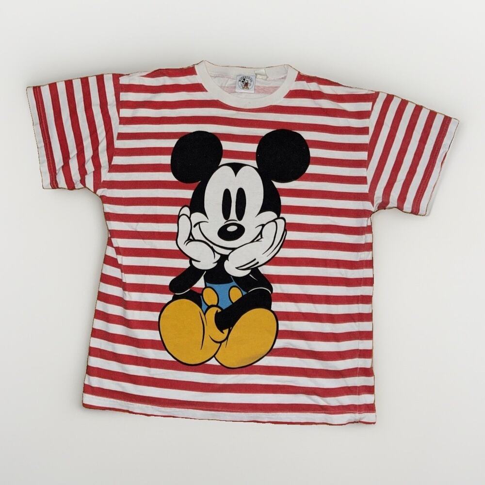 Vintage Mickey Mouse Striped T Shirt Double Sided Disney Red White 22x26 USA